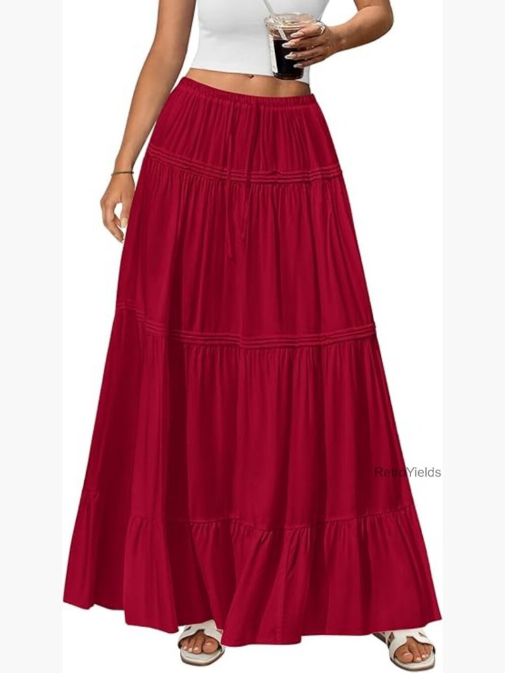 Flowy Pleated Maxi Skirt High Waisted A-Line Beach Vacation